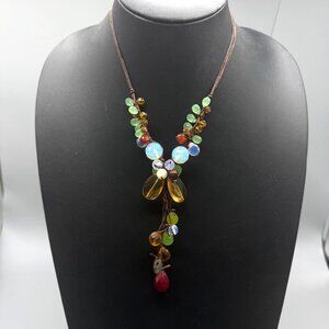 Nakamol Necklace Beaded Multicolor Gemstone Lariat Signed Silver Tone